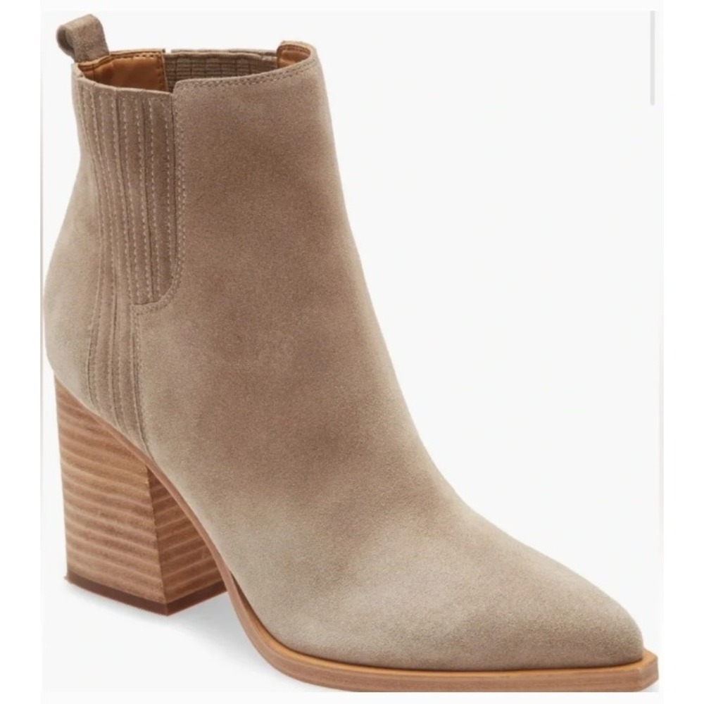 Marc Fisher Oshay Suede Taupe Block Heel Ankle Boot 6 Pointed Toe NWOB Classic